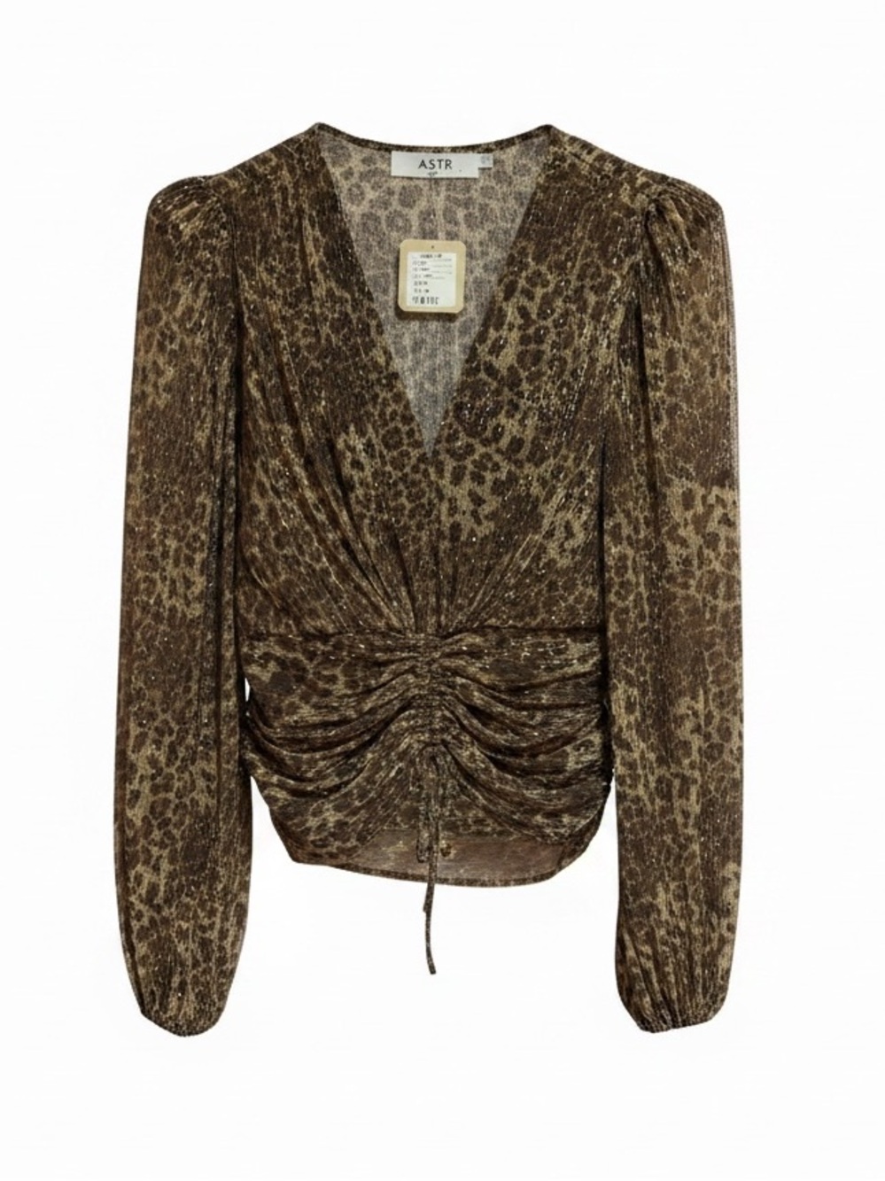 Astr Brown Leopard Print Ruched Long-Sleeve Blouse